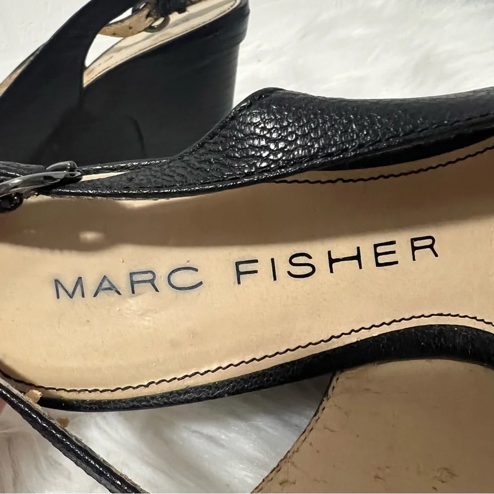 Marc Fisher Black Leather Peep-Toe Slingback Rockabilly Platform Wedges 6.5